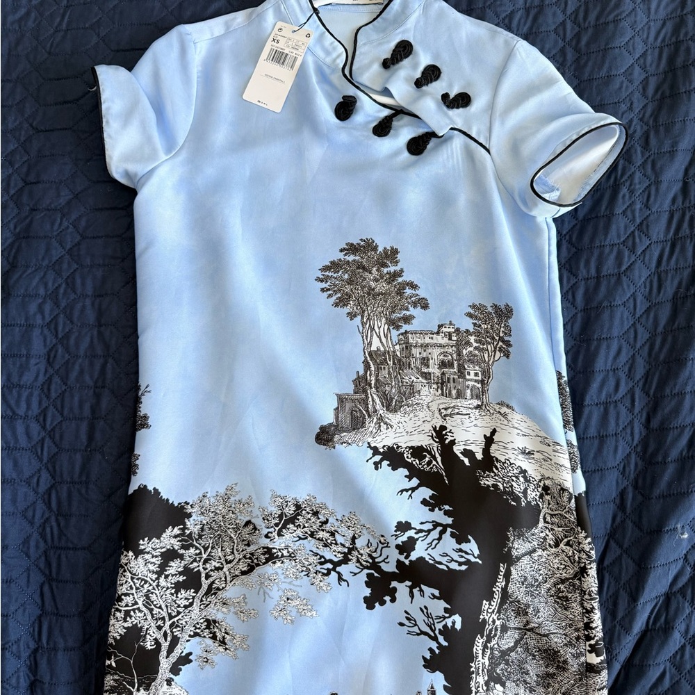 Elegant Blue and Black Dress with Scenic Print/ Oriental Kimono Dress